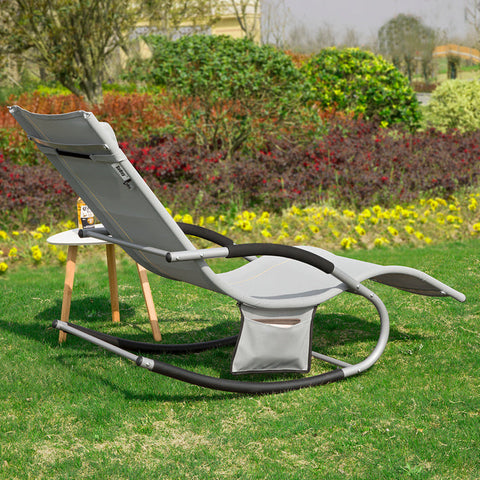 Rootz Elegant Sun Lounger - Rocking Garden Lounger - Deck Chair with Side Bag - Breathable Synthetic Fiber - Removable Pillow - Soft EVA Armrests - 150 kg Load Capacity - Dimensions as per Illustration