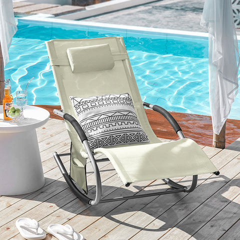 Rootz Garden Lounger - Sun Lounger with Bag - Deck Chair - Breathable Synthetic Fiber Fabric - Removable Pillow - Integrated Side Pockets - Soft EVA Armrests - Dimensions as per Illustration