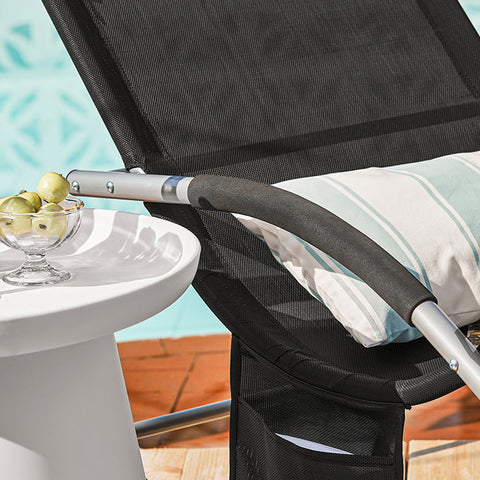Rootz Elegant Garden Lounger - Sun Lounger - Rocking Deck Chair - Breathable Synthetic Fiber - Removable Pillow - Integrated Side Pockets - Metal Frame with EVA Armrests - 150kg Load Capacity - Dimensions in Picture