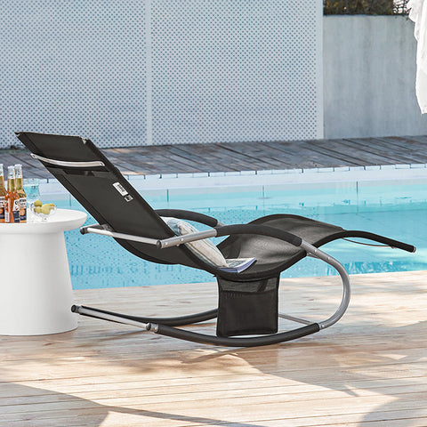 Rootz Elegant Garden Lounger - Sun Lounger - Rocking Deck Chair - Breathable Synthetic Fiber - Removable Pillow - Integrated Side Pockets - Metal Frame with EVA Armrests - 150kg Load Capacity - Dimensions in Picture