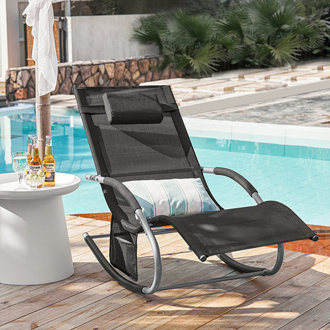 Rootz Elegant Garden Lounger - Sun Lounger - Rocking Deck Chair - Breathable Synthetic Fiber - Removable Pillow - Integrated Side Pockets - Metal Frame with EVA Armrests - 150kg Load Capacity - Dimensions in Picture