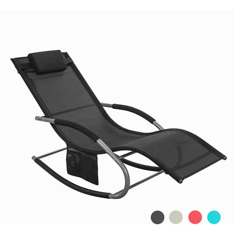 Rootz Elegant Garden Lounger - Sun Lounger - Rocking Deck Chair - Breathable Synthetic Fiber - Removable Pillow - Integrated Side Pockets - Metal Frame with EVA Armrests - 150kg Load Capacity - Dimensions in Picture