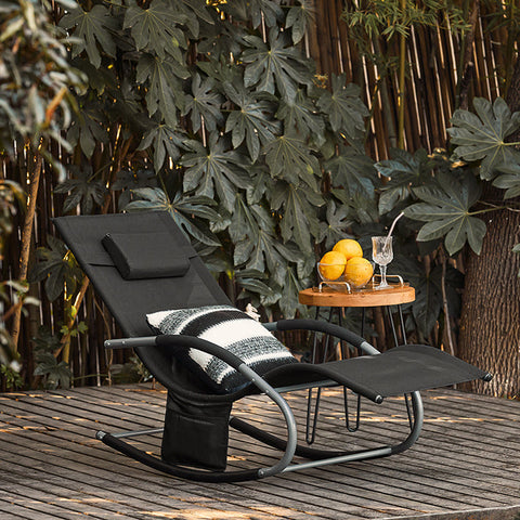 Rootz Elegant Garden Lounger - Sun Lounger - Rocking Deck Chair - Breathable Synthetic Fiber - Removable Pillow - Integrated Side Pockets - Metal Frame with EVA Armrests - 150kg Load Capacity - Dimensions in Picture