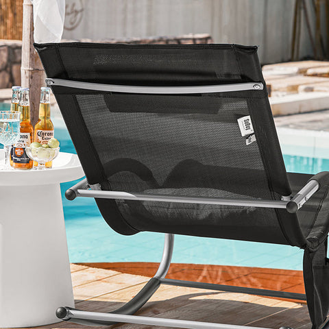 Rootz Elegant Garden Lounger - Sun Lounger - Rocking Deck Chair - Breathable Synthetic Fiber - Removable Pillow - Integrated Side Pockets - Metal Frame with EVA Armrests - 150kg Load Capacity - Dimensions in Picture