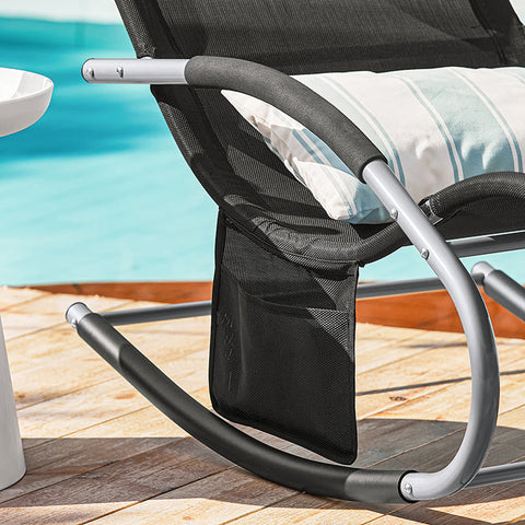 Rootz Elegant Garden Lounger - Sun Lounger - Rocking Deck Chair - Breathable Synthetic Fiber - Removable Pillow - Integrated Side Pockets - Metal Frame with EVA Armrests - 150kg Load Capacity - Dimensions in Picture