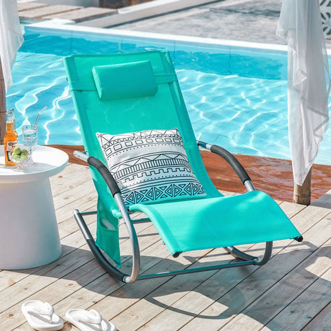 Rootz Garden Lounger - Sun Lounger - Deck Chair - Breathable Synthetic Fiber - Removable Pillow - Integrated Side Pockets - Soft EVA Armrests - 150kg Load Capacity - Dimensions in Image - Light Turquoise