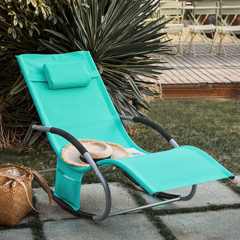 Rootz Garden Lounger - Sun Lounger - Deck Chair - Breathable Synthetic Fiber - Removable Pillow - Integrated Side Pockets - Soft EVA Armrests - 150kg Load Capacity - Dimensions in Image - Light Turquoise