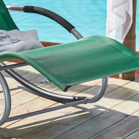 Rootz Garden Lounger - Sun Lounger - Deck Chair - Breathable Synthetic Fiber - Removable Pillow - Integrated Side Pockets - Soft EVA Armrests - 150kg Load Capacity - Dimensions in Image - Dark Green