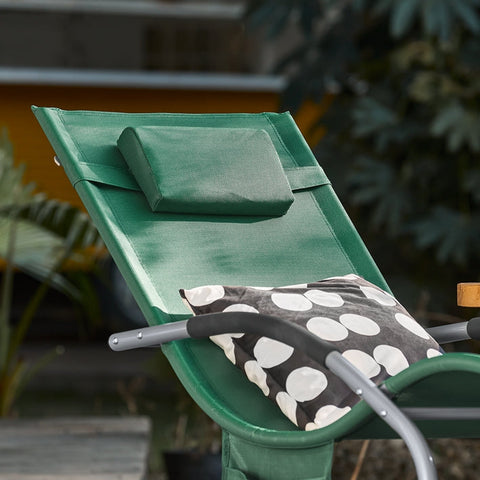 Rootz Garden Lounger - Sun Lounger - Deck Chair - Breathable Synthetic Fiber - Removable Pillow - Integrated Side Pockets - Soft EVA Armrests - 150kg Load Capacity - Dimensions in Image - Dark Green