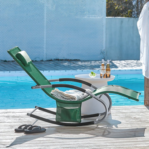 Rootz Garden Lounger - Sun Lounger - Deck Chair - Breathable Synthetic Fiber - Removable Pillow - Integrated Side Pockets - Soft EVA Armrests - 150kg Load Capacity - Dimensions in Image - Dark Green