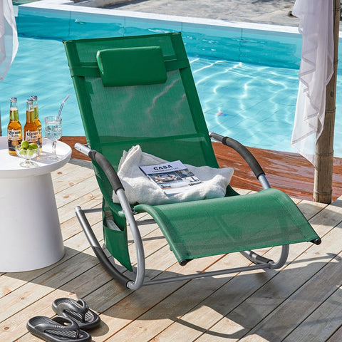 Rootz Garden Lounger - Sun Lounger - Deck Chair - Breathable Synthetic Fiber - Removable Pillow - Integrated Side Pockets - Soft EVA Armrests - 150kg Load Capacity - Dimensions in Image - Dark Green