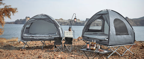 Rootz 4-in-1 Camping Tent Bundle for 2 People - Pop-Up Tent - Camp Bed with Lounger - Durable Oxford Nylon - Waterproof Polyester - Easy Transport - 193cm x 188cm x 145cm - Light Gray