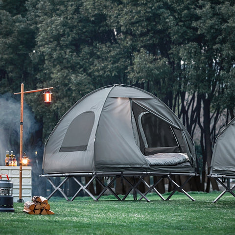 Rootz 4-in-1 Camping Tent Bundle for 2 People - Pop-Up Tent - Camp Bed with Lounger - Durable Oxford Nylon - Waterproof Polyester - Easy Transport - 193cm x 188cm x 145cm - Light Gray