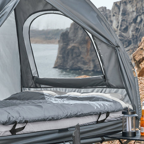 Rootz 4-in-1 Camping Tent Bundle for 2 People - Pop-Up Tent - Camp Bed with Lounger - Durable Oxford Nylon - Waterproof Polyester - Easy Transport - 193cm x 188cm x 145cm - Light Gray