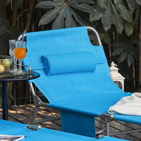 Rootz Adjustable Beach Lounger - Garden Lounger - Foldable Sun Lounger - Breathable Synthetic Fiber - Removable Pillow - Side Pocket - 195cm x 58cm x 63cm - Blue