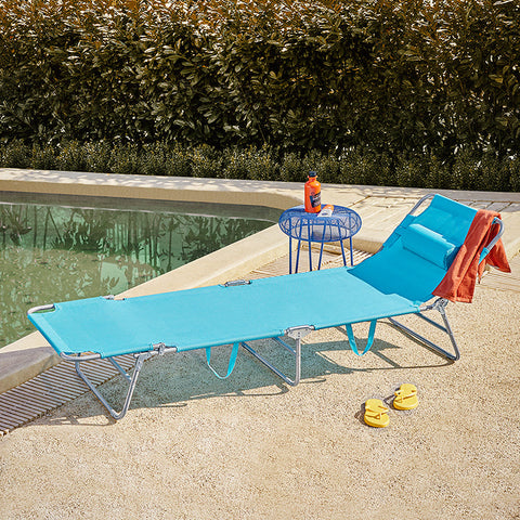 Rootz Adjustable Beach Lounger - Garden Lounger - Foldable Sun Lounger - Breathable Synthetic Fiber - Removable Pillow - Side Pocket - 195cm x 58cm x 63cm - Blue