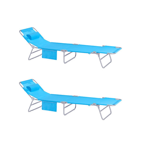 Rootz Adjustable Beach Lounger - Garden Lounger - Foldable Sun Lounger - Breathable Synthetic Fiber - Removable Pillow - Side Pocket - 195cm x 58cm x 63cm - Blue