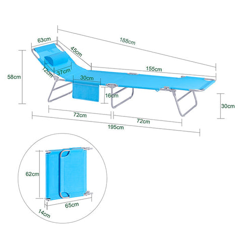 Rootz Adjustable Beach Lounger - Garden Lounger - Foldable Sun Lounger - Breathable Synthetic Fiber - Removable Pillow - Side Pocket - 195cm x 58cm x 63cm - Blue