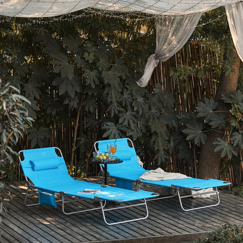 Rootz Adjustable Beach Lounger - Garden Lounger - Foldable Sun Lounger - Breathable Synthetic Fiber - Removable Pillow - Side Pocket - 195cm x 58cm x 63cm - Blue