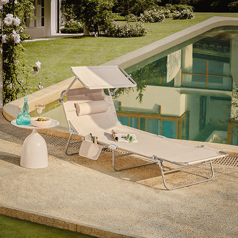 Rootz Adjustable Beach Lounger - Garden Lounger - Foldable Sun Lounger - Breathable Synthetic Fiber - Quick Fold Design - 195cm x 58cm x 63cm - Beige
