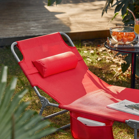 Rootz Adjustable Beach Lounger - Garden Lounger - Foldable Sun Lounger - Breathable Fabric - Removable Pillow - Side Pocket - Quick Fold Design - 195cm x 58cm x 63cm - Red