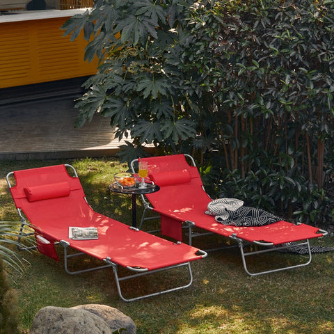 Rootz Adjustable Beach Lounger - Garden Lounger - Foldable Sun Lounger - Breathable Fabric - Removable Pillow - Side Pocket - Quick Fold Design - 195cm x 58cm x 63cm - Red