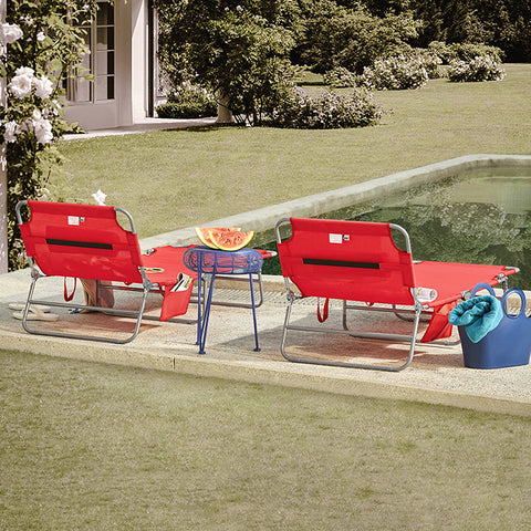 Rootz Adjustable Beach Lounger - Garden Lounger - Foldable Sun Lounger - Breathable Fabric - Removable Pillow - Side Pocket - Quick Fold Design - 195cm x 58cm x 63cm - Red