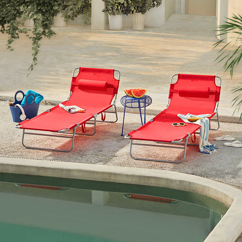 Rootz Adjustable Beach Lounger - Garden Lounger - Foldable Sun Lounger - Breathable Fabric - Removable Pillow - Side Pocket - Quick Fold Design - 195cm x 58cm x 63cm - Red