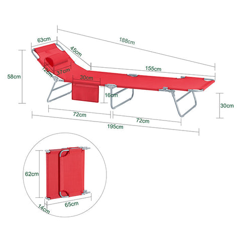 Rootz Adjustable Beach Lounger - Garden Lounger - Foldable Sun Lounger - Breathable Fabric - Removable Pillow - Side Pocket - Quick Fold Design - 195cm x 58cm x 63cm - Red