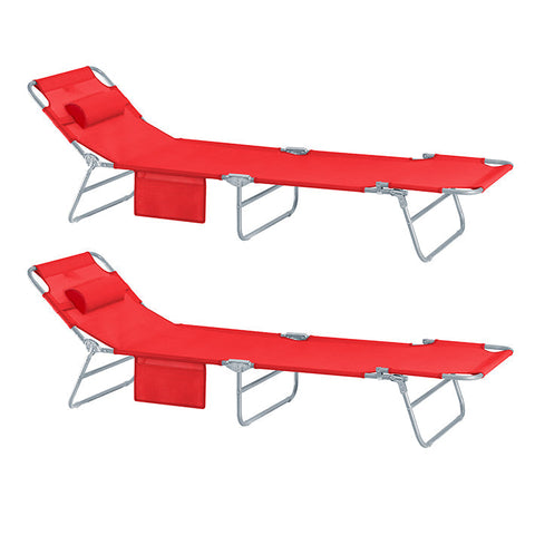 Rootz Adjustable Beach Lounger - Garden Lounger - Foldable Sun Lounger - Breathable Fabric - Removable Pillow - Side Pocket - Quick Fold Design - 195cm x 58cm x 63cm - Red