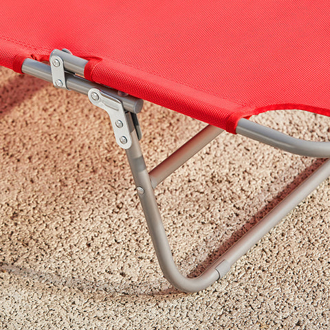 Rootz Adjustable Beach Lounger - Garden Lounger - Foldable Sun Lounger - Breathable Fabric - Removable Pillow - Side Pocket - Quick Fold Design - 195cm x 58cm x 63cm - Red