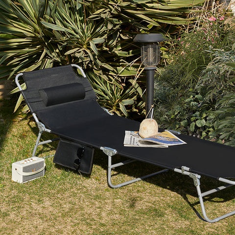 Rootz Adjustable Beach Lounger - Garden Lounger - Foldable Sun Lounger - Breathable Fabric - Removable Pillow - Side Pocket - 195cm x 58cm x 63cm - Black