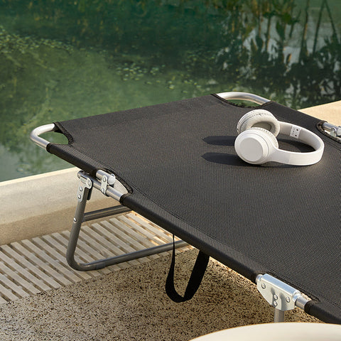 Rootz Adjustable Beach Lounger - Garden Lounger - Foldable Sun Lounger - Breathable Fabric - Removable Pillow - Side Pocket - 195cm x 58cm x 63cm - Black