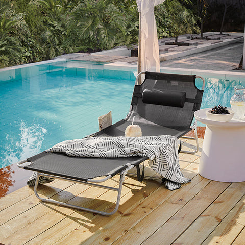 Rootz Adjustable Beach Lounger - Garden Lounger - Foldable Sun Lounger - Breathable Fabric - Removable Pillow - Side Pocket - 195cm x 58cm x 63cm - Black