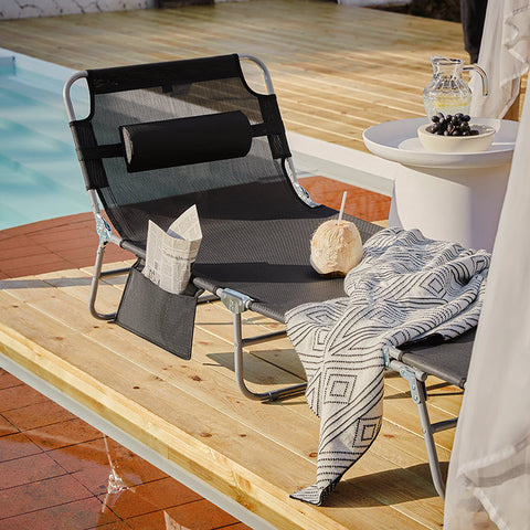 Rootz Adjustable Sun Lounger - Beach Lounger - Garden Lounger - Foldable, Breathable Fabric, with Pillow and Side Pocket - Black - 195cm x 58cm x 63cm