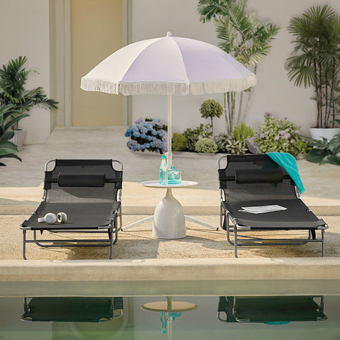 Rootz Adjustable Beach Lounger - Garden Lounger - Foldable Sun Lounger - Breathable Fabric - Removable Pillow - Side Pocket - 195cm x 58cm x 63cm - Black