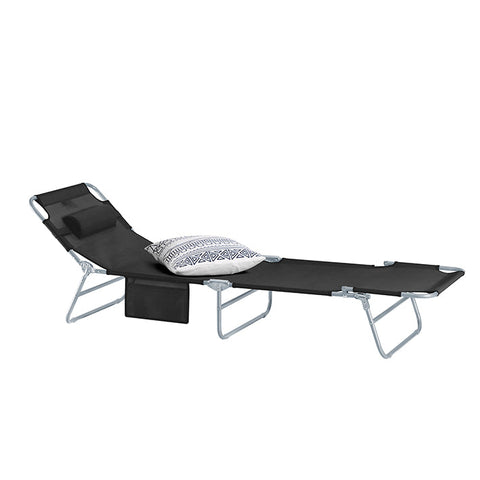 Rootz Adjustable Sun Lounger - Beach Lounger - Garden Lounger - Foldable, Breathable Fabric, with Pillow and Side Pocket - Black - 195cm x 58cm x 63cm