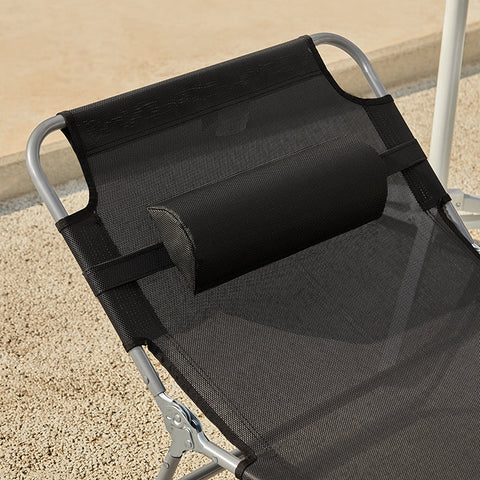 Rootz Adjustable Beach Lounger - Garden Lounger - Foldable Sun Lounger - Breathable Fabric - Removable Pillow - Side Pocket - 195cm x 58cm x 63cm - Black