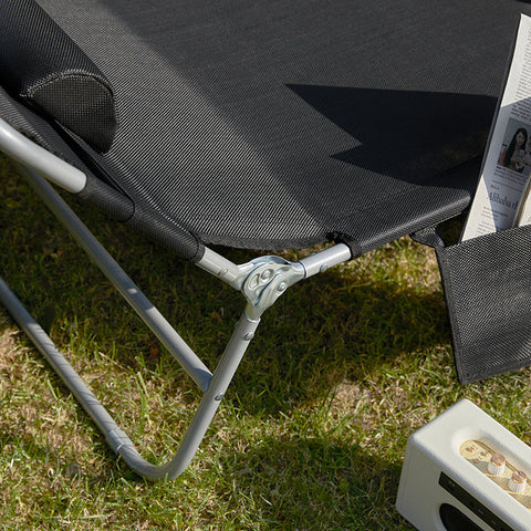 Rootz Adjustable Beach Lounger - Garden Lounger - Foldable Sun Lounger - Breathable Fabric - Removable Pillow - Side Pocket - 195cm x 58cm x 63cm - Black