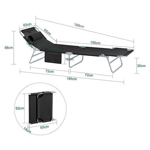 Rootz Adjustable Beach Lounger - Garden Lounger - Foldable Sun Lounger - Breathable Fabric - Removable Pillow - Side Pocket - 195cm x 58cm x 63cm - Black