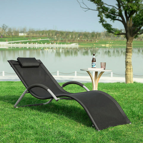 Rootz Garden Lounger - Sun Lounger - Deck Chair - Black Synthetic Fiber Fabric - Comfort Pillow - Sweat-Free Relaxation - Ideal for Garden and Terrace - 63cm x 66cm x 172cm