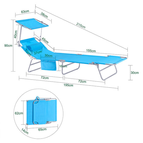 Rootz Adjustable Sun Lounger with Canopy - Garden Lounger - Beach Chair - Durable Metal Frame - Synthetic Fiber Fabric - Foldable & Portable - 195cm x 90cm x 63cm