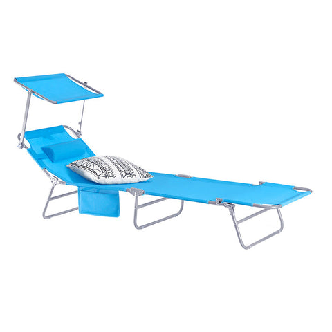 Rootz Adjustable Sun Lounger with Canopy - Garden Lounger - Foldable Beach Chair - Durable Metal Frame - Synthetic Fiber Fabric - Storage Pocket - 195cm x 90cm x 63cm