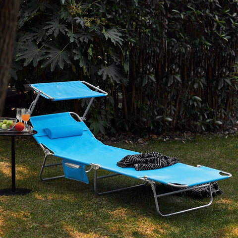 Rootz Adjustable Sun Lounger with Canopy - Garden Lounger - Foldable Beach Chair - Durable Metal Frame - Synthetic Fiber Fabric - Storage Pocket - 195cm x 90cm x 63cm