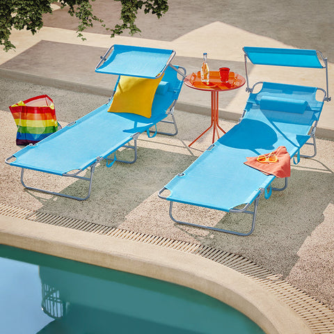 Rootz Adjustable Sun Lounger with Canopy - Garden Lounger - Beach Chair - Durable Metal Frame - Synthetic Fiber Fabric - Foldable & Portable - 195cm x 90cm x 63cm