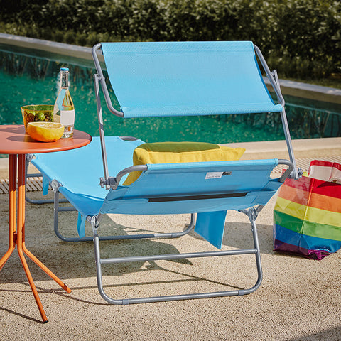Rootz Adjustable Sun Lounger with Canopy - Garden Lounger - Foldable Beach Chair - Durable Metal Frame - Synthetic Fiber Fabric - Storage Pocket - 195cm x 90cm x 63cm