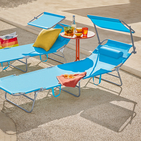 Rootz Adjustable Sun Lounger with Canopy - Garden Lounger - Foldable Beach Chair - Durable Metal Frame - Synthetic Fiber Fabric - Storage Pocket - 195cm x 90cm x 63cm