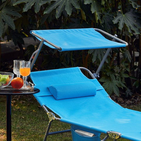 Rootz Adjustable Sun Lounger with Canopy - Garden Lounger - Beach Chair - Durable Metal Frame - Synthetic Fiber Fabric - Foldable & Portable - 195cm x 90cm x 63cm