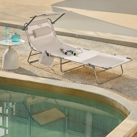 Rootz Adjustable Sun Lounger with Canopy - Garden Lounger - Beach Lounger - Durable Metal Frame - Synthetic Fiber Fabric - Storage Pocket - 195cm x 90cm x 63cm