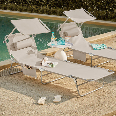Rootz Adjustable Sun Lounger with Canopy - Garden Lounger - Beach Chair - Foldable, Portable, UV Protection - 195cm x 90cm x 63cm